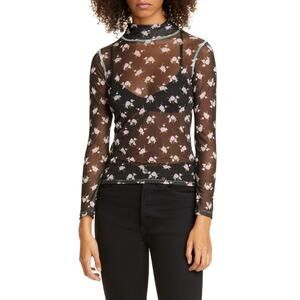 Sandy Liang Promise Floral Print Sheer Turtleneck Top - M Tablecloth-Black
